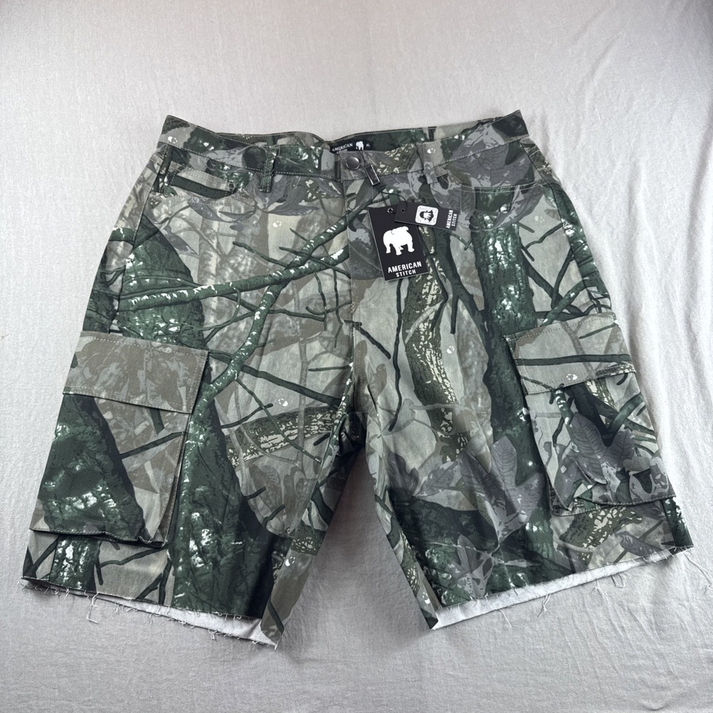 American Stitch Camo Twill Cargo Shorts Mens XL Raw Hem Military Utility 9" NEW